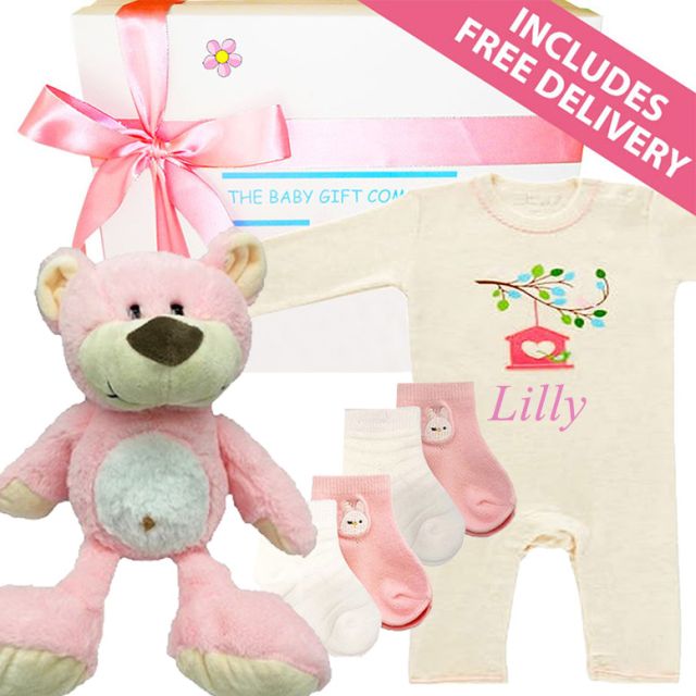 Bright Start Baby Girl Gift Hamper with pink teddy, bodysuit, and socks in signature gift box