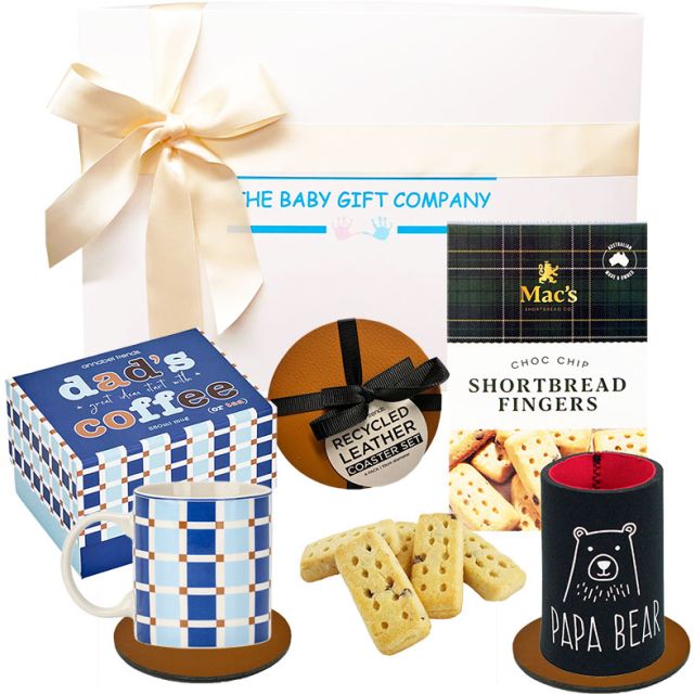 Just for Dad Gift Box with coffee mug, shortbread, papa bear drink cooler and coasters