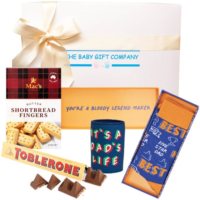 Gift box for new dad with snacks, drink holder and luxury packaging