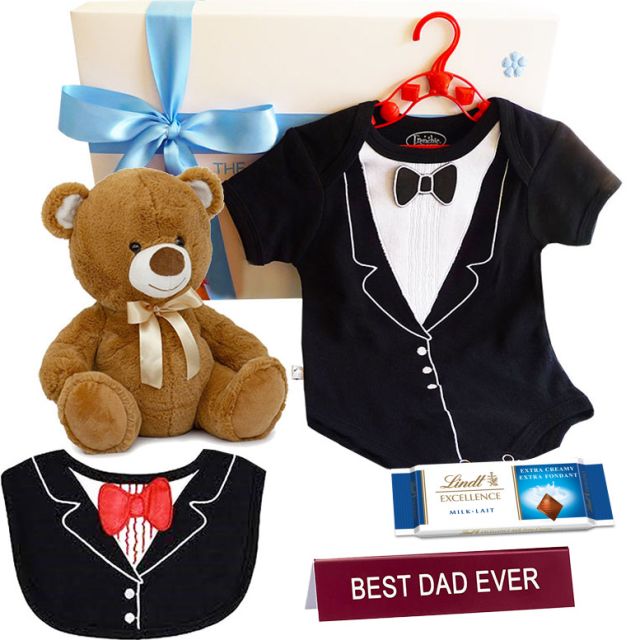 Stylish Baby Boy Gift Box – Tuxedo Outfit & Gifts for Dad